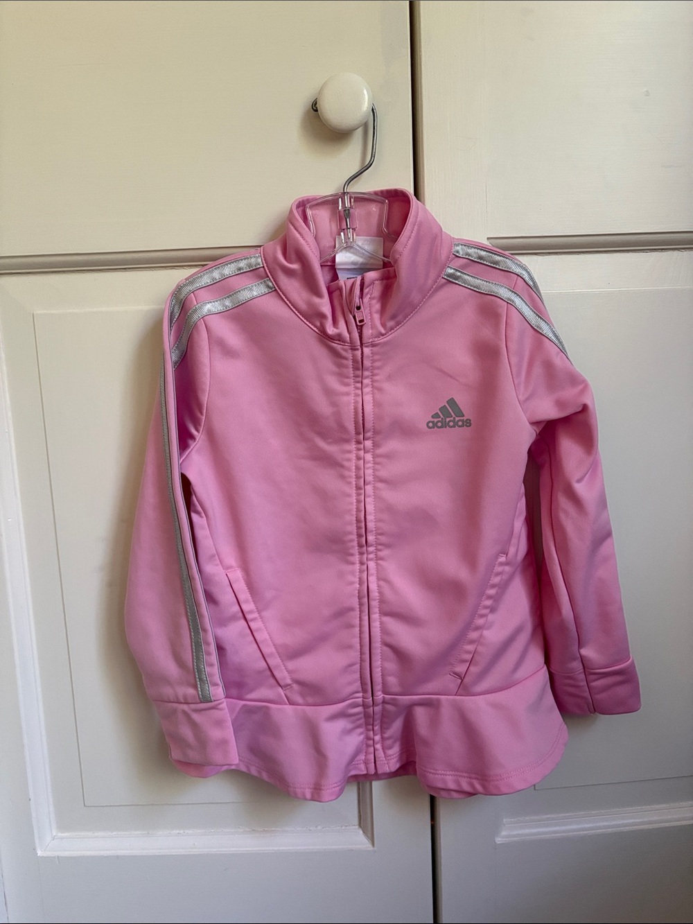 adidas Girls Pink Track Jacket with Silver Stripes